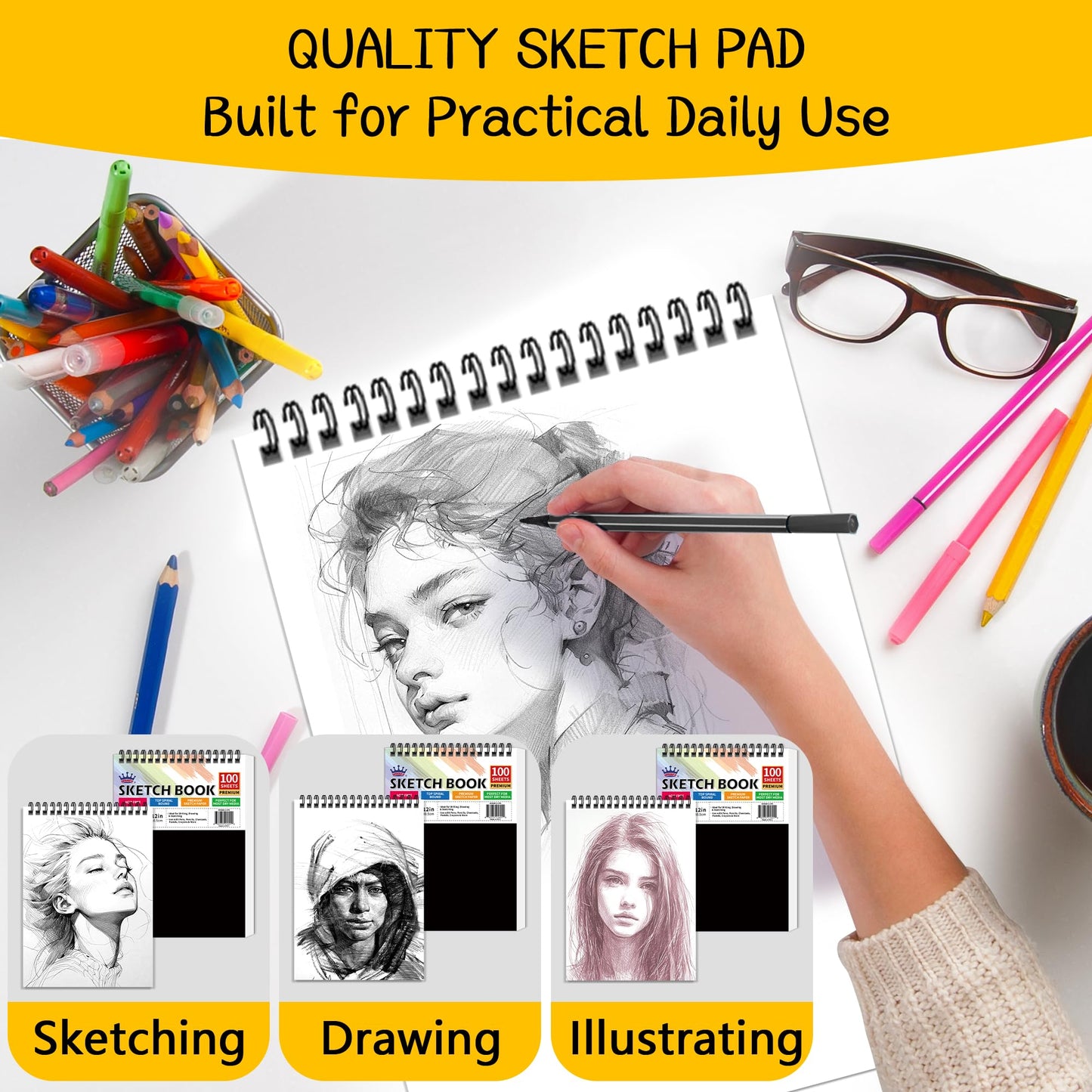 WINNER 9" x 12" Sketch Book 4 Pack, 400 Sheets Spiral Bound Art Sketchbook, 68lb/100gsm White Acid Free Drawing Pad, Sketching Drawing Writing Sketch Pad, Art Supplies for School, Kids, Adults &Teens
