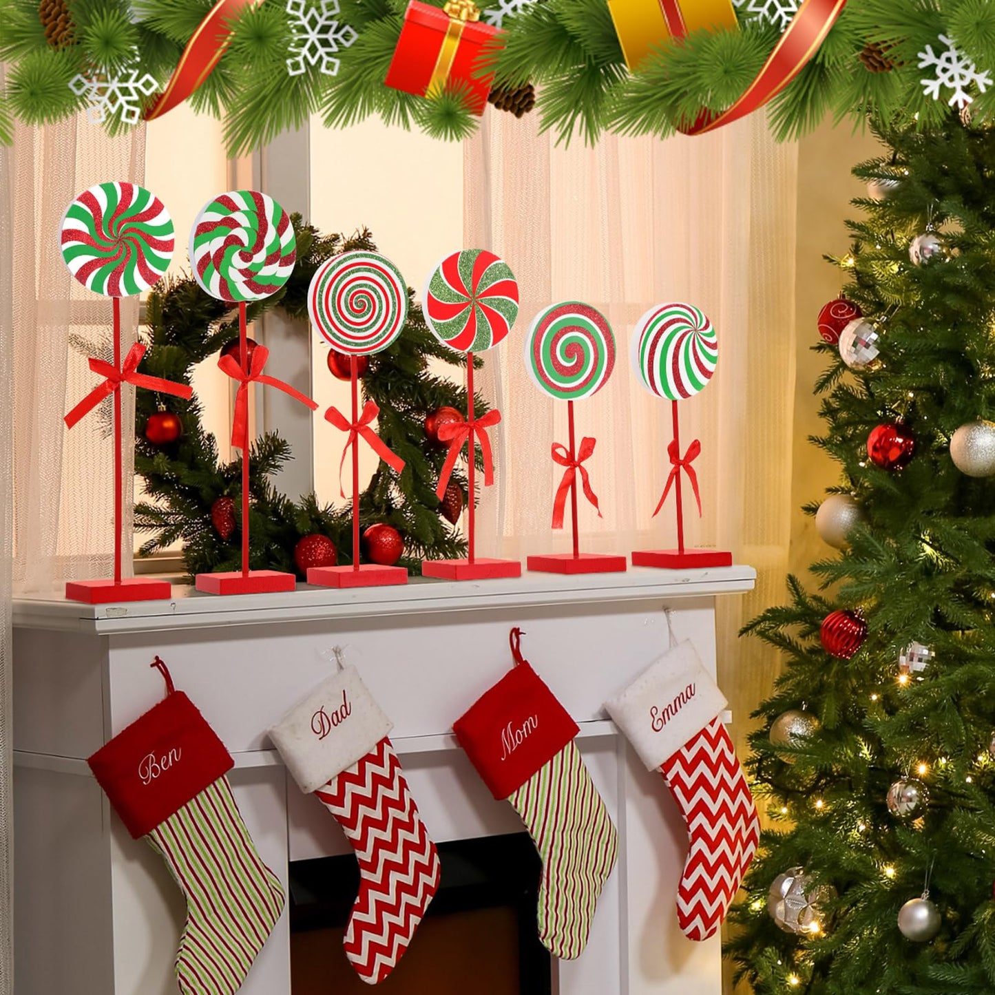 Amyhill 8 Pcs Christmas Candy Wooden Tabletop Decor Glitter Xmas Candy Cane Table Centerpiece Sign for Christmas Tiered Tray Home Desk Office Party Decoration(Exquisite,Red,Green)