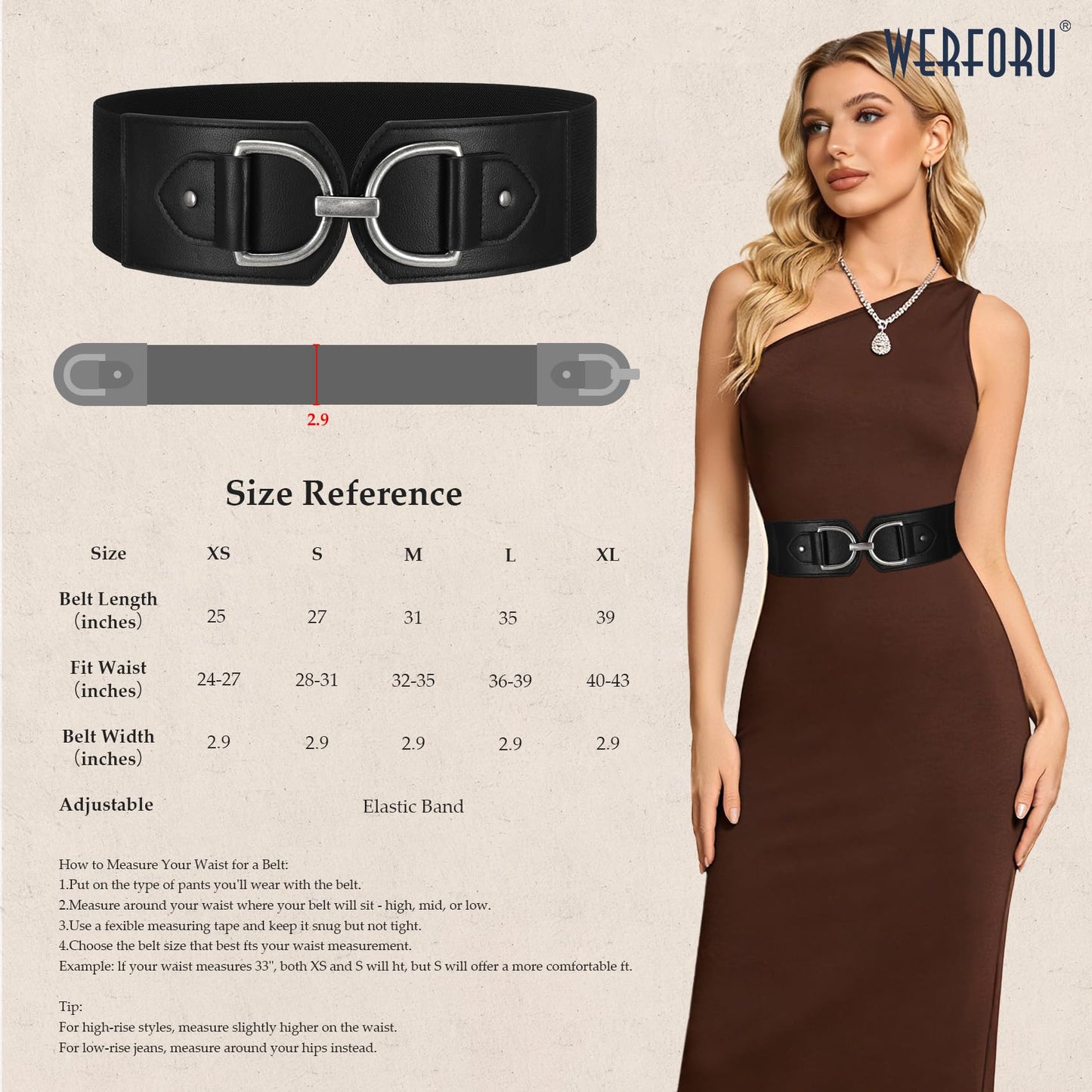 WERFORU Women Elastic Wide Waist Belts for Dresses Fashion Wide Stretchy Belts for Women Big Gold Buckle Thick Dress Belt, Black-silver buckle, M: Fit Waist Size 32"-35"