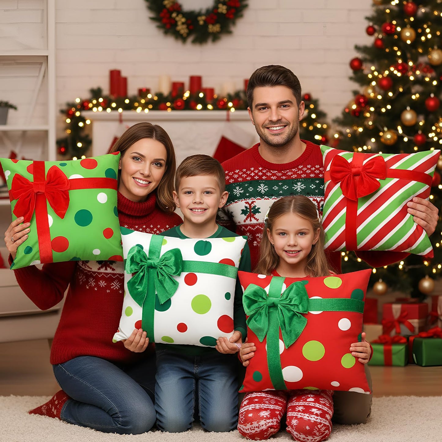 Breling 4 Set Christmas Pillow Covers 3D Bows Gift Box Pillow Cases 18 x 18 Inch Red Green Stripe Dot Xmas Winter Cushion Cases for Christmas Home Chair Bed Sofa Cushion Decor