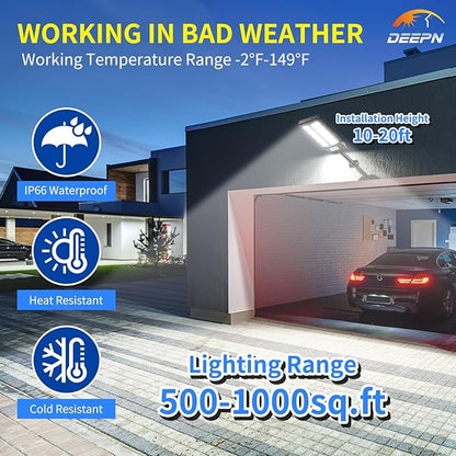 Deepn Solar Lights Outdoor for Outside, IP66 Waterproof Street Lights Outdoor, 6500K Dusk to Dawn Solar Security Flood Lights Motion Sensor with Remote Control for Yard, Entryway Garage, Porch