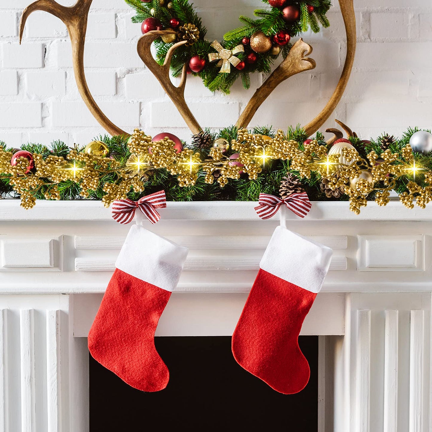 Syhood Christmas Berry String Garland with Lights Thanksgiving Artificial Lighted Garland for Xmas Winter Tree Decor Home Office Fireplace Mantel Decoration Holiday Valentines, 6 ft(Gold,1 Pc)