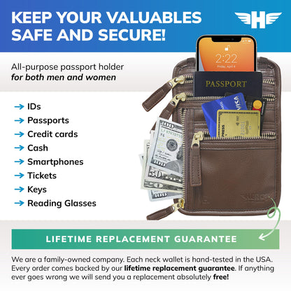 HERO Neck Wallet - RFID Blocking Passport Holder, Easy to Conceal Travel Pouch (Vegan Leather Brown)