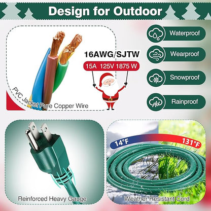 Feekoon 40FT Outdoor Extension Cord Splitter with Timer, Waterproof 3-Outlet Cord with Safety Cover 16/3 SJTW Weatherproof Power Cable for Outdoor Halloween Christmas Decorations Garden Lights