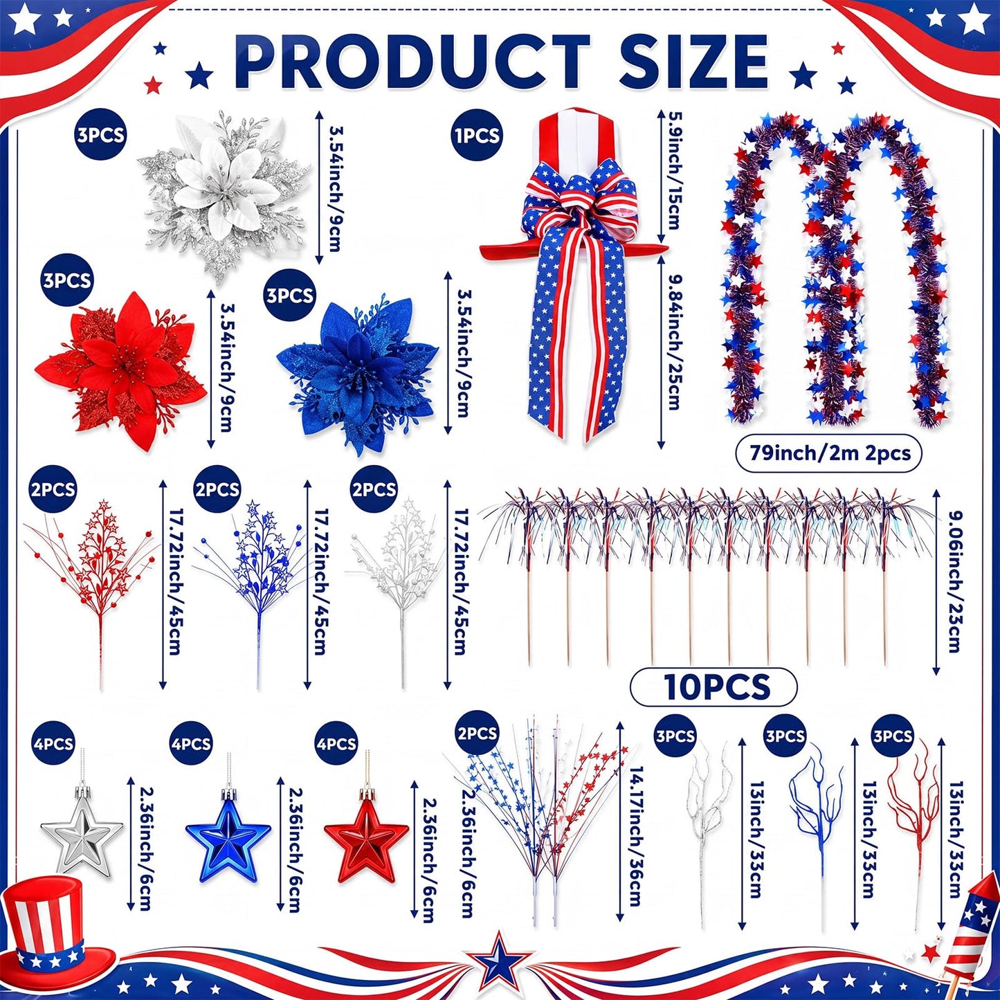 Teyva Daily 90 Pcs 4th of July Tree Decorations Kit, Patriotic Red White Blue Hanging Ornament, Tree Skirt, Topper Hat, Ball, Star Picks, Garland, Mini Flags, Flowers for Independence Day Party Decor
