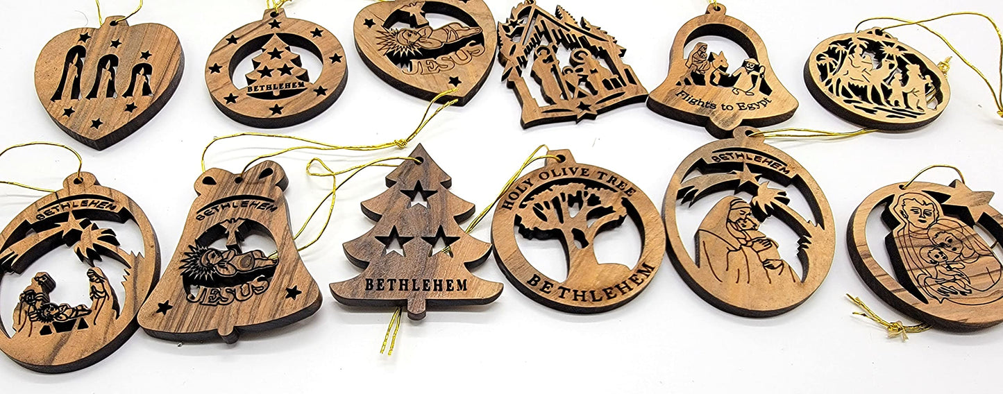 Zuluf 12-Piece Olive Wood Ornament Collection - Authentic Nativity & Bethlehem Star Designs, Religious Christian Christmas Tree Adornments