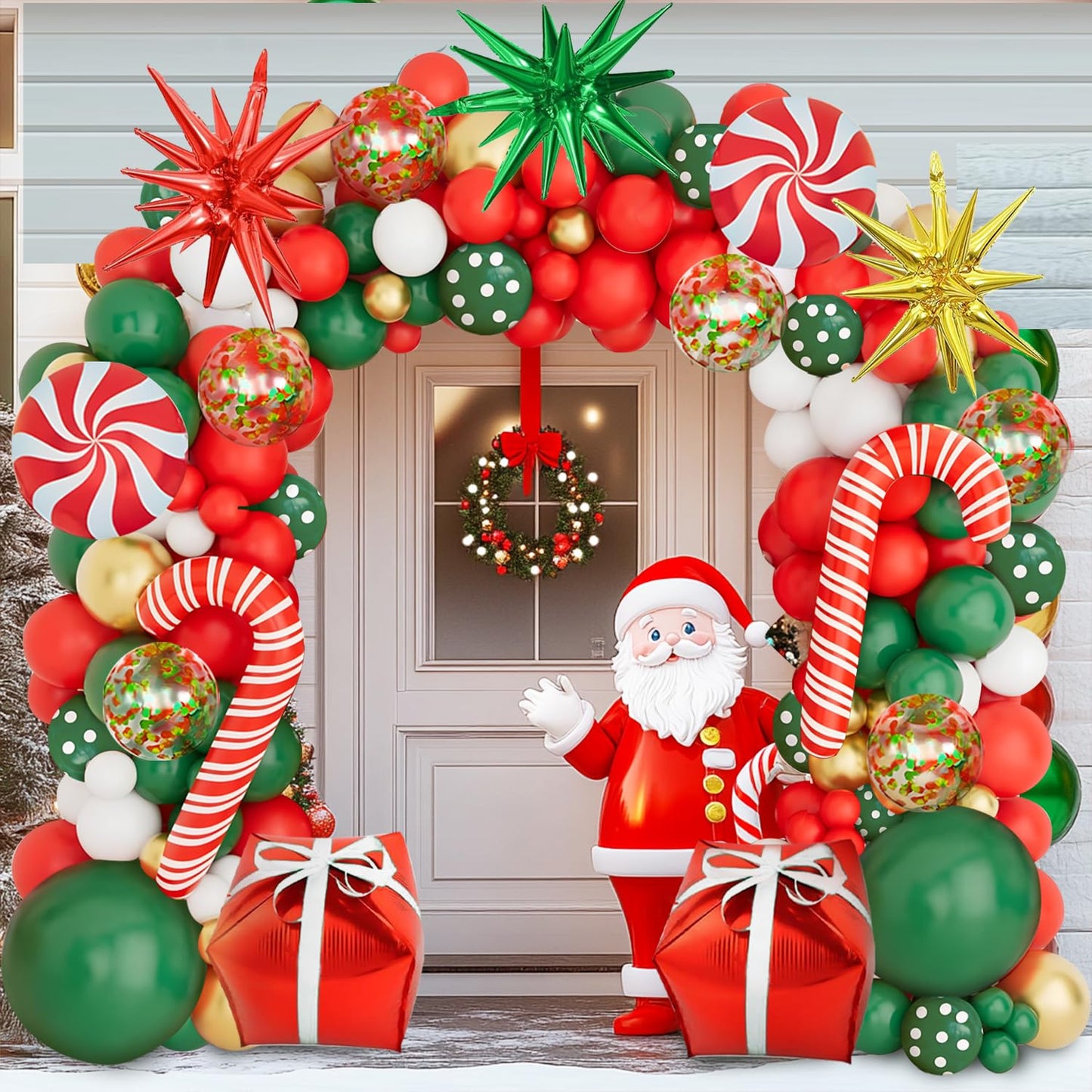 Christmas Balloons Garland Arch Kit, Red Green White Gold with Candy Cane Gift Box Explosion Star Foil Balloons for Christmas New Year Candies Xmas Theme Party Decorations...