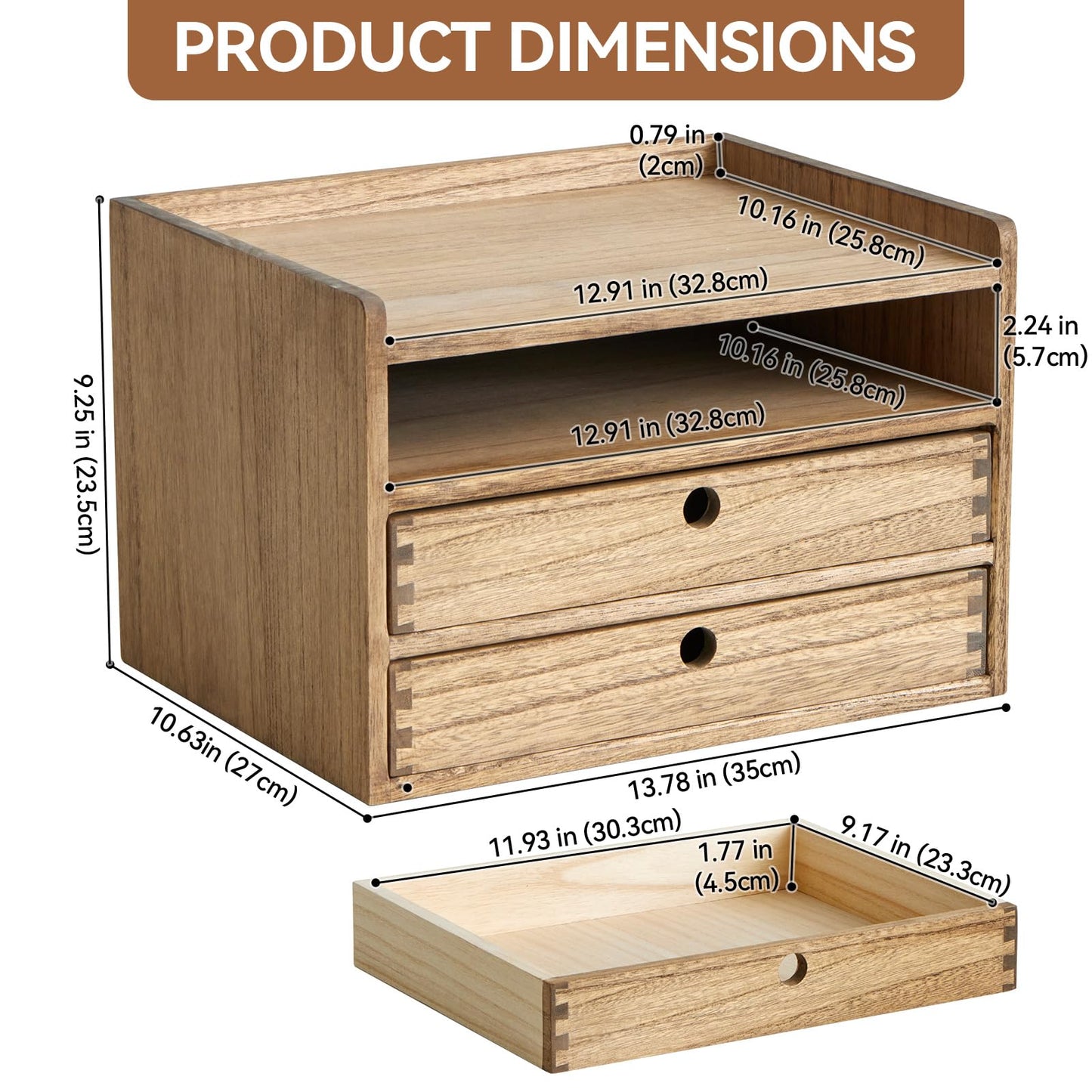 KIRIGEN Desktop Organizer Cabinet With 2 Drawers & Tray - Wood Office Desk Storage Shelf for Office Supplies - Small Cabinet for Countertop Accessories Storage 3 Layer Dark Brown（DT3D2C-DBR）
