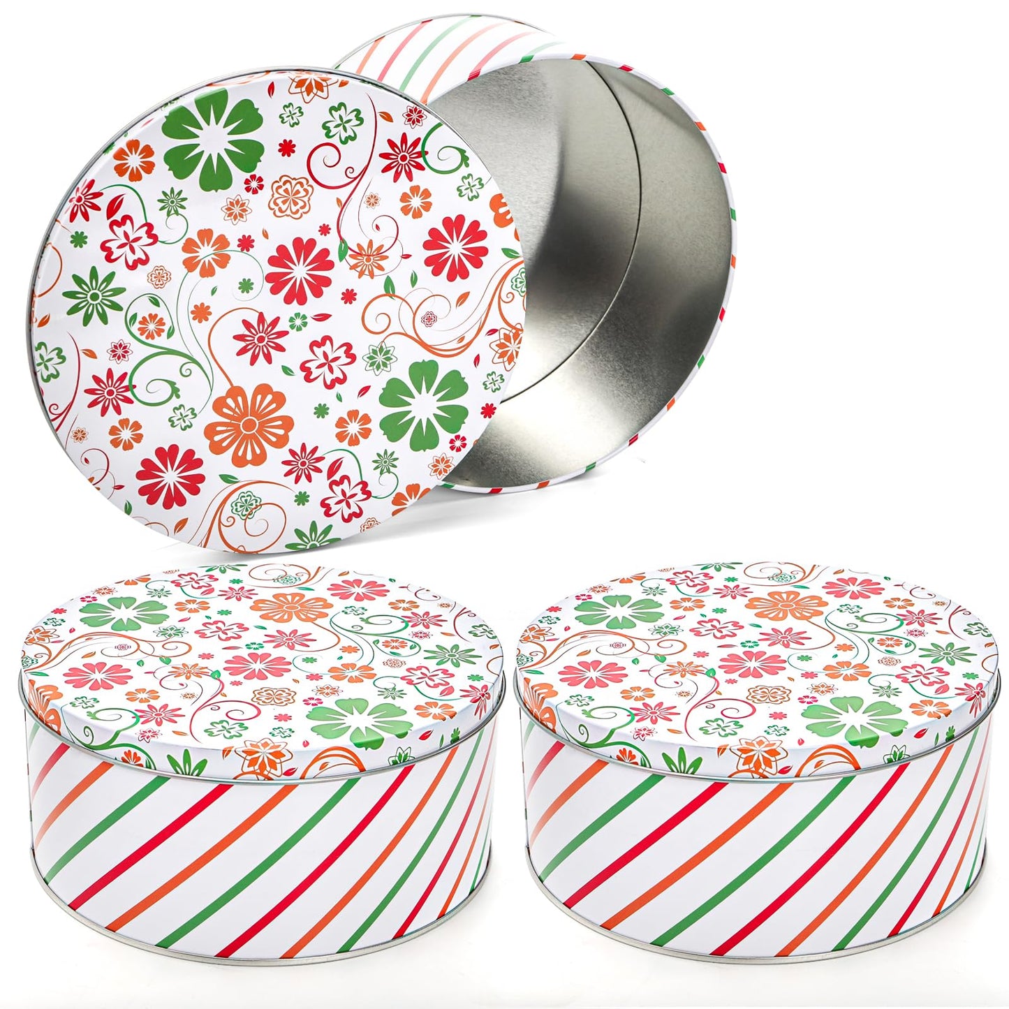 Yopay 3 Pack Round Decorative Cookie Tins, Floral Red Green Striped Holiday Metal Gift Tins, Food Safe Baking Cake Storage Containers for Easter, Christmas Cookies, Candy, Biscuits, Gift Packaging