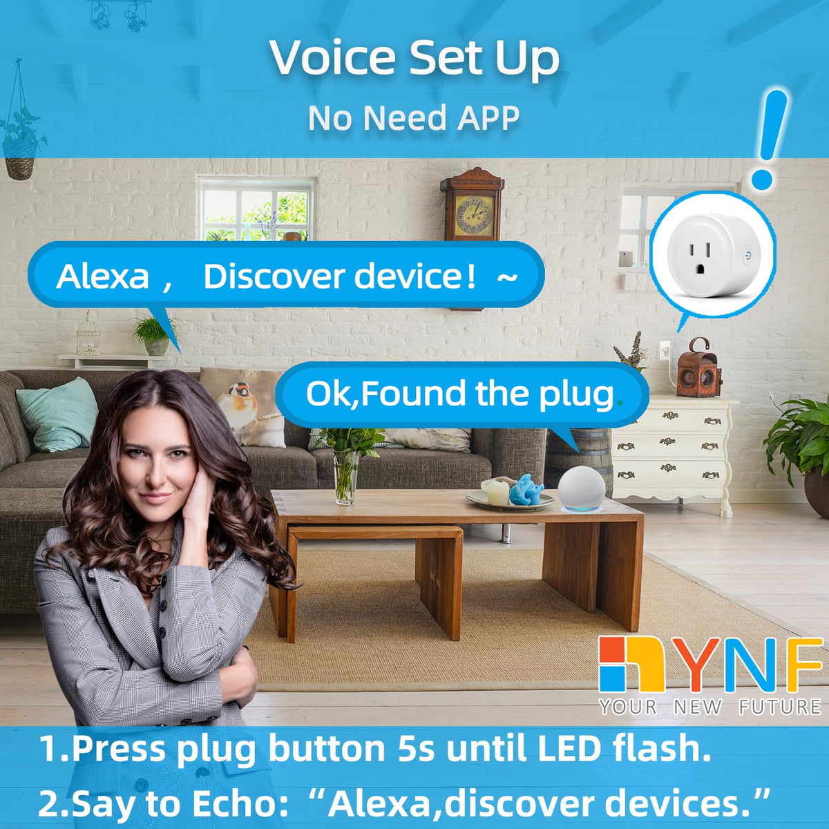 YNF Smart Plug, Simple Setup with One Voice Command, Works with Alexa Only, Remote Control with Timer Function, Bluetooth Mesh Outlet, Alexa Echo Required （2 Pack）