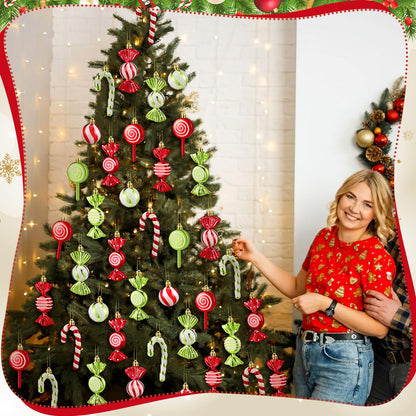 Liliful 30 Pcs Christmas Candy Cane Lollipop Ornaments Set Plastic Holiday Peppermint Candy Home Hanging Ornament Lollipop with Rope for Xmas New Year Party Decor(Red Green White)