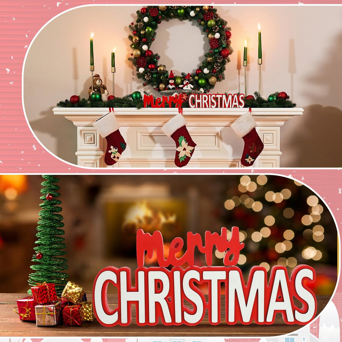 Burbell 2 Pcs Merry Christmas Wooden Signs Red Christmas Table Decoration Xmas Tiered Tray Decor Freestanding Sign for DIY Xmas Home Tabletop Centerpiece Mantel Fireplace