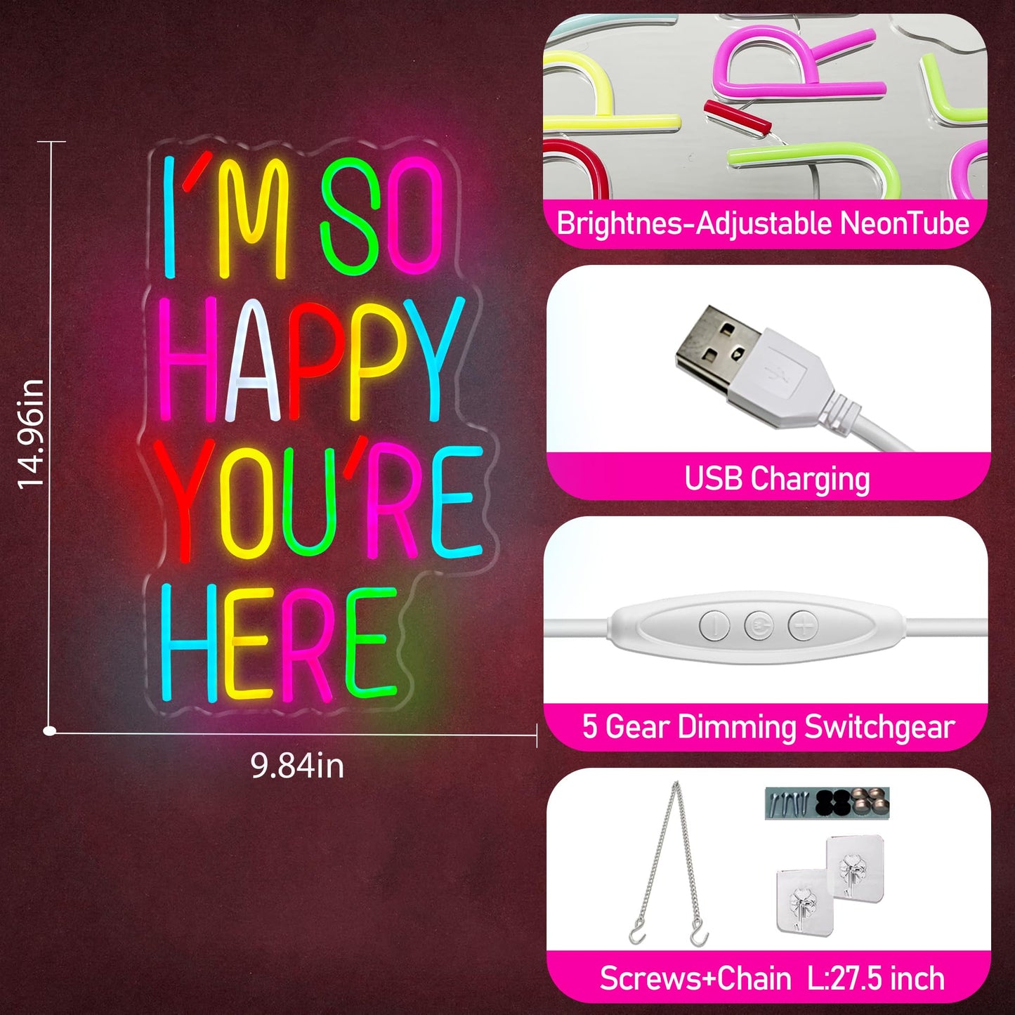 I’m So Happy You Are Here Neon Sign, Dimmable LED Light Up Neon Sign for Girls Bedroom Club Wedding Bachelorette Valentine's Day Party Wall Decor Birthday Christmas Gift for Daughter Teen Girls Friends (I’m So Happy You Are Here)