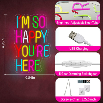 I’m So Happy You Are Here Neon Sign, Dimmable LED Light Up Neon Sign for Girls Bedroom Club Wedding Bachelorette Valentine's Day Party Wall Decor Birthday Christmas Gift for Daughter Teen Girls Friends (I’m So Happy You Are Here)