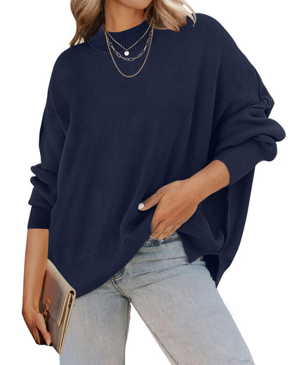 ZESICA Women's Fall 2025 Casual Long Sleeve Crew Neck Side Slit Oversized Ribbed Knit Pullover Sweater Tops