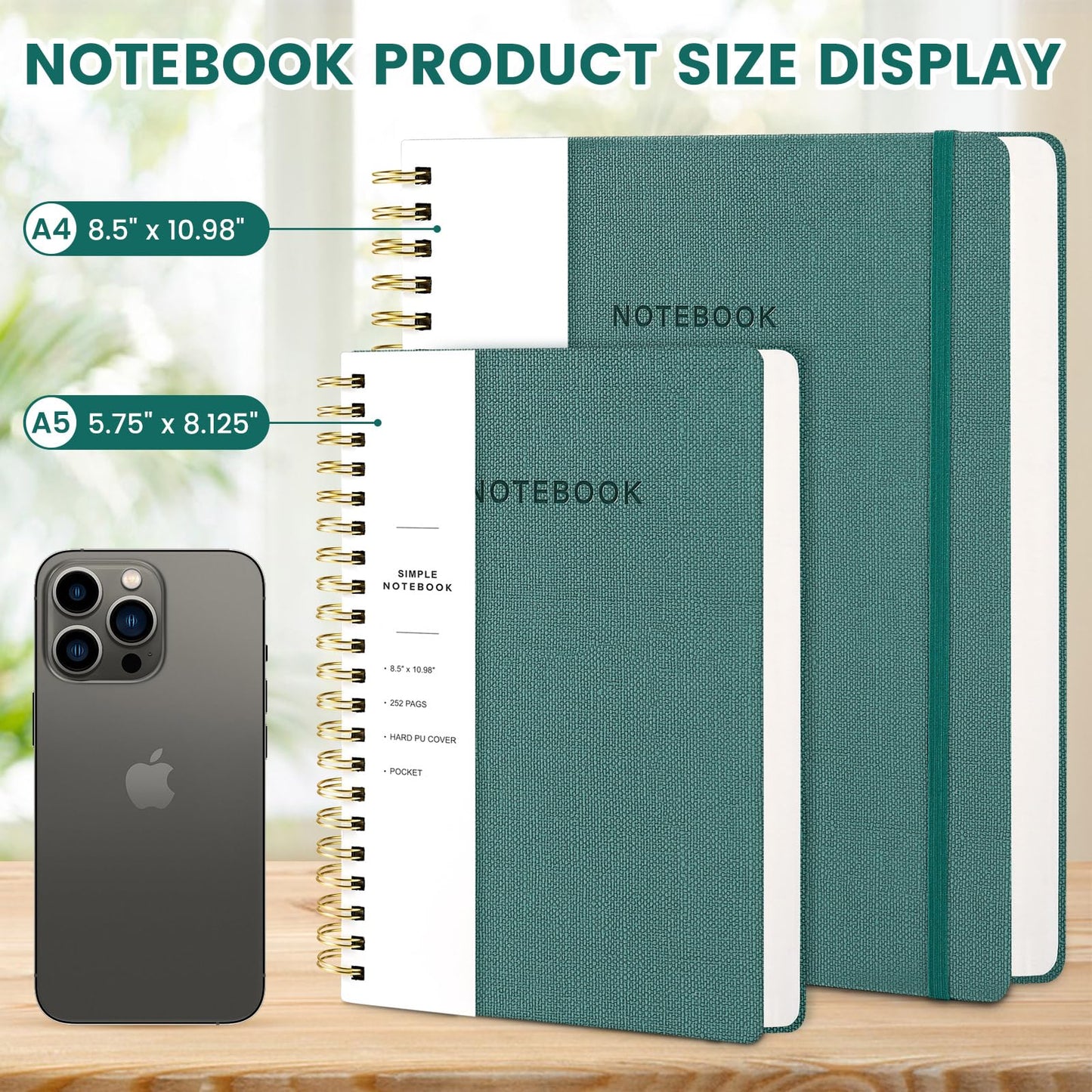 Oneirom Spiral Notebook - 8.5 x 10.98 Inch Large Hard Cover Notebook with Elastic Band & Pocket, 252 Pages, Lay Flat Wirebound Journal for Work, School, Planning & Note Taking Green