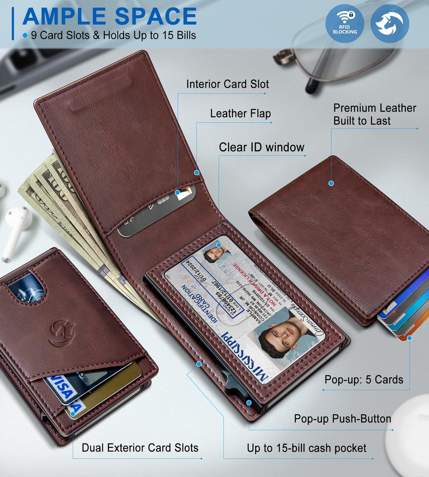 Housmai Wallet for Men, Slim Pop Up Card Holder with RFID Blocking, Minimalist Bifold Wallet with 9 Card Slots, ID Window and Cash Pocket, Metal Flip Case with Magnetic Closure, Gift Box