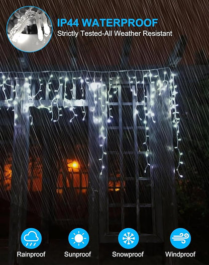 Christmas Outdoor Icicle Lights 624 LED 59FT with 96 Drops, Icicle LLights For Outside Cool White Waterproof for Roof/Gutter/Wedding, 8 Modes & Remote, Timer, Energy-Efficient Holiday Decorations