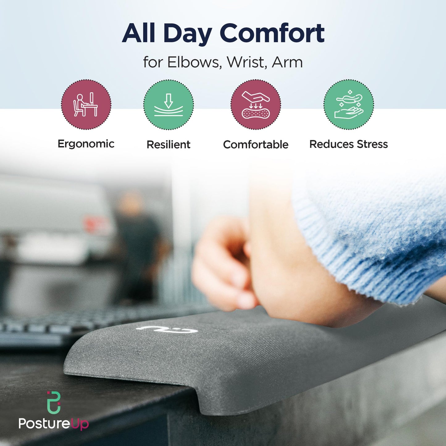 EdgeRest PostureUp L-Shaped Memory Foam Wrist Rest, Ergonomic Elbow and Forearm Support for Desk, Non-Slip Universal Fit, Light Gray