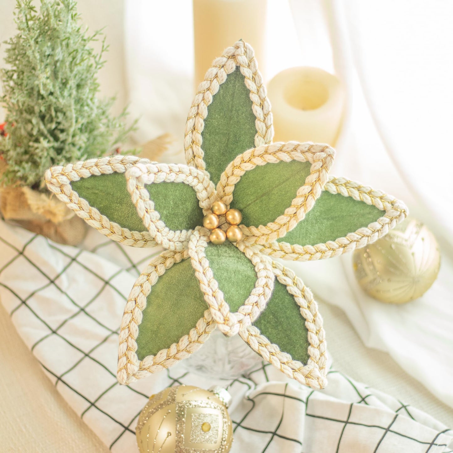 KI Store Velvet Poinsettia Flower Picks 6pcs Light Green Christmas Floral Picks 12-Inch for Christmas Tree Wreath Garland Decorations