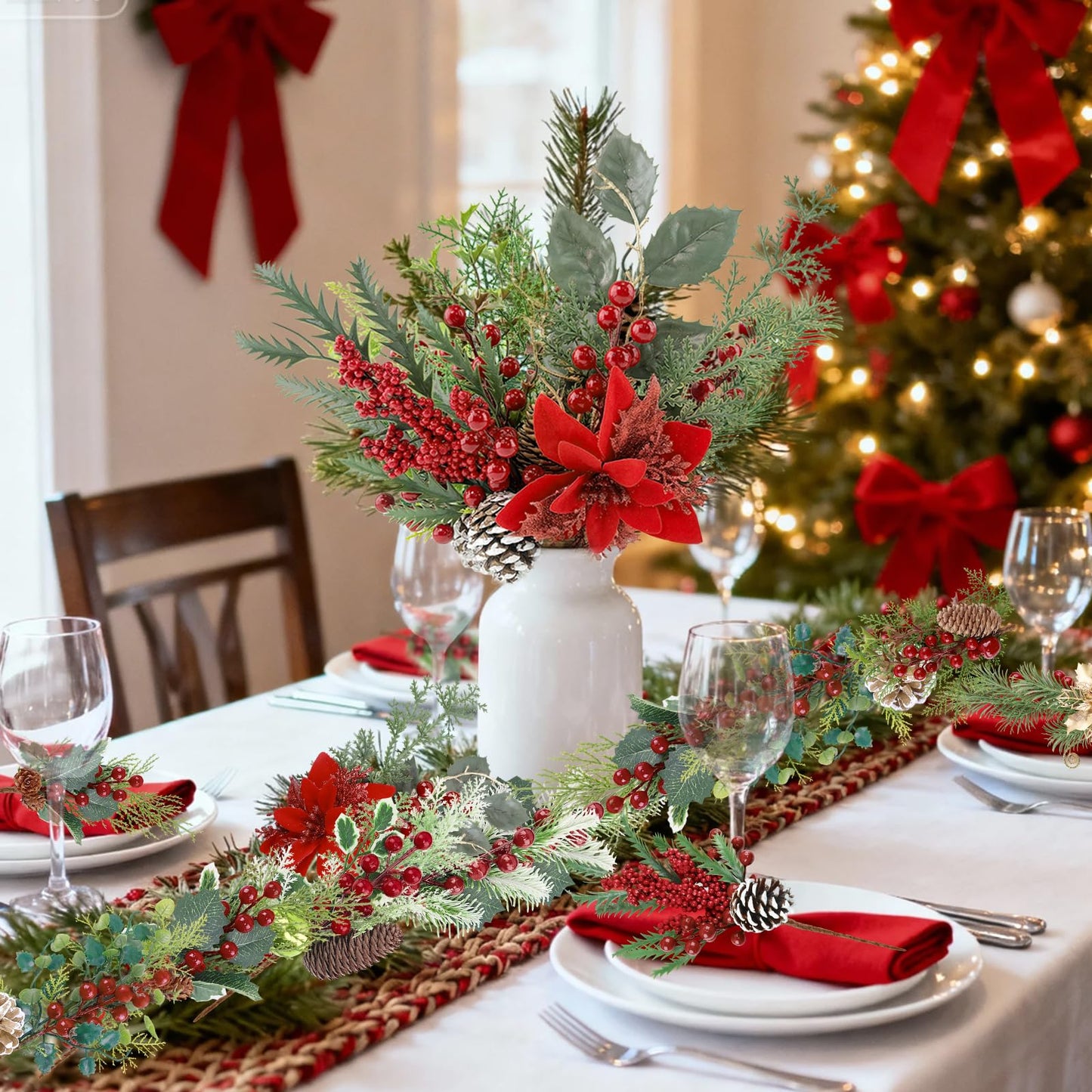 HNGWLYN Artificial Christmas Picks 8 Pack Red Berries Stems Evergreen Faux Pine Branches Christmas Picks Spray Pine Cones Holly Leaves for Winter Holiday DIY Craft Garland Wreath Ornament