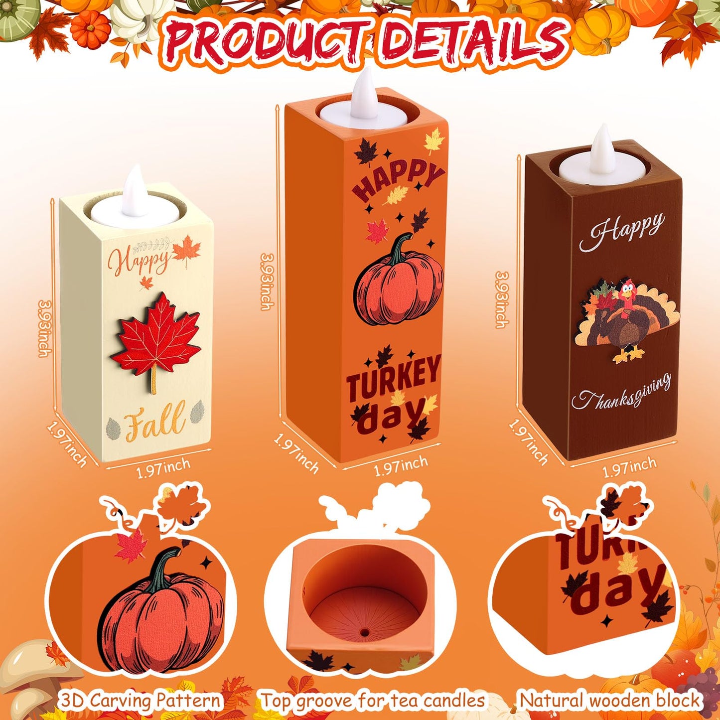 SiliFine 3 Pcs Thanksgiving Table Centerpieces Fall Candle Holders Thanksgiving Decorations Wooden Tealight Candle Holders Rustic Table Centerpieces for Home Office Holiday Decor Gifts