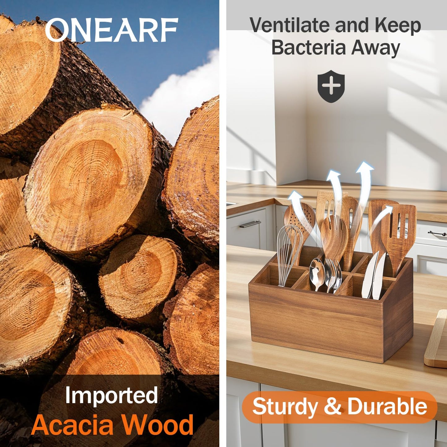 ONEARF Wooden Utensil Holder Counter, Kitchen Utensil Organizer Large 6 Compartment Cooking Utensils Holder, Acacia Rustic Wood Farmhouse Storage Container Crocks for Silverware and Cooker Set