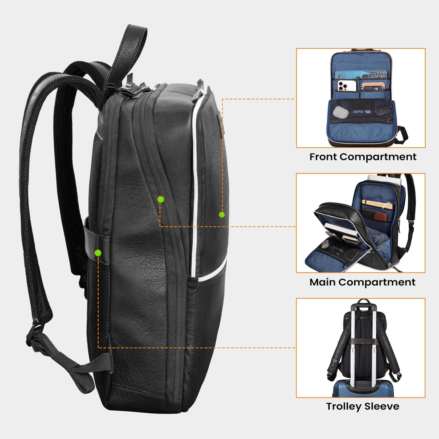 LEATHER VILLAGE Leather Laptop Backpack for Men | Black | Slim Professional Business Bag Fits 15.6”-Laptop | Water-Repellent Work & Travel Daypack with Trolley Strap