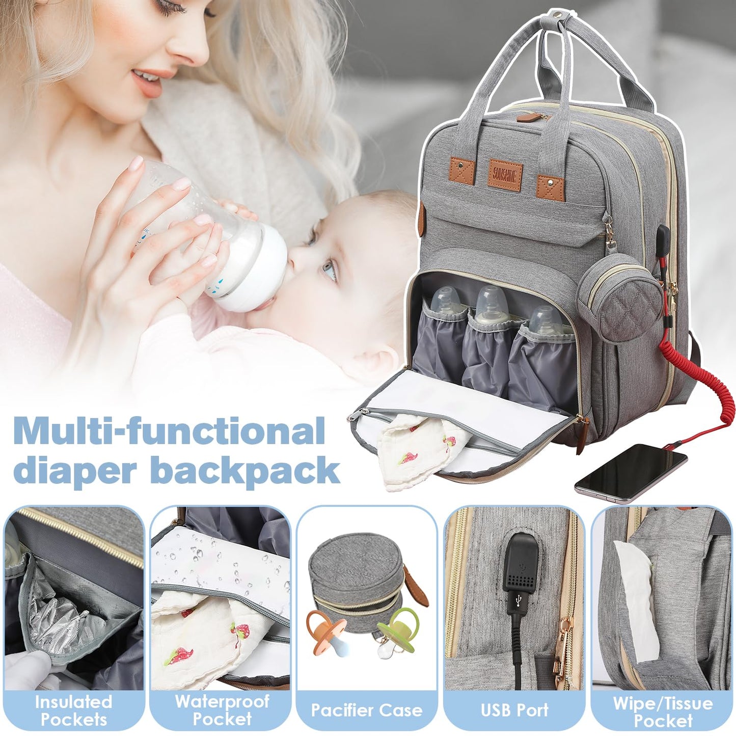 JSTPRO Diaper Bag Backpack, Large Diaper Bag with Changing Station, Baby Bag, New Mom Gifts, Lightweight Waterproof Unisex Diaper Bag with Insulated Pockets and USB Charging Port, Grey