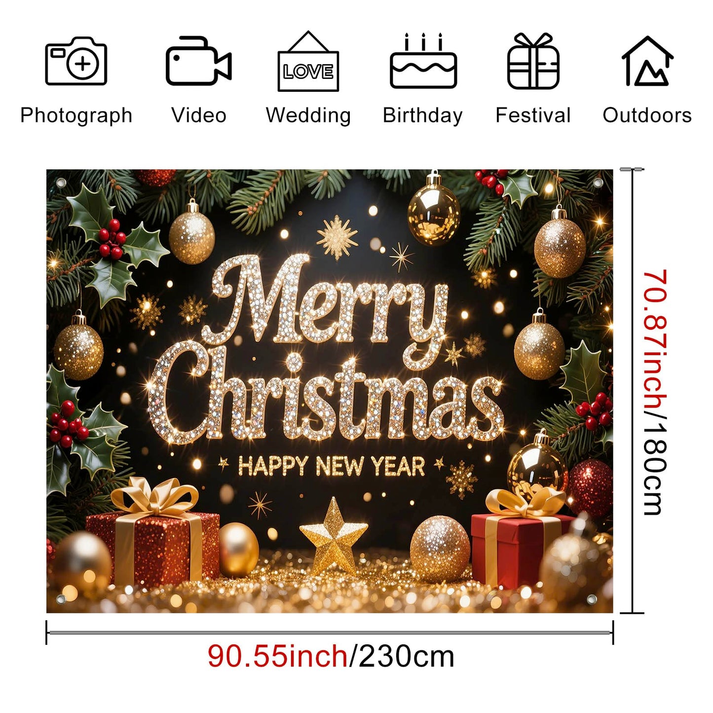 HOMETITUTE Merry Christmas and Happy New Year Backdrop 8×6ft Black Gold Holiday Photo Background with Gifts Ornaments Lights Party Banner Decoration