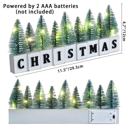LED Lighted Christmas Tree Tabletop Decoration, Rustic Wooden Christmas Decor with Mini Trees, Xmas Sign Block Table Farmhouse Winter Holiday Centerpiece for Indoor Mantel, Shelf (Green)