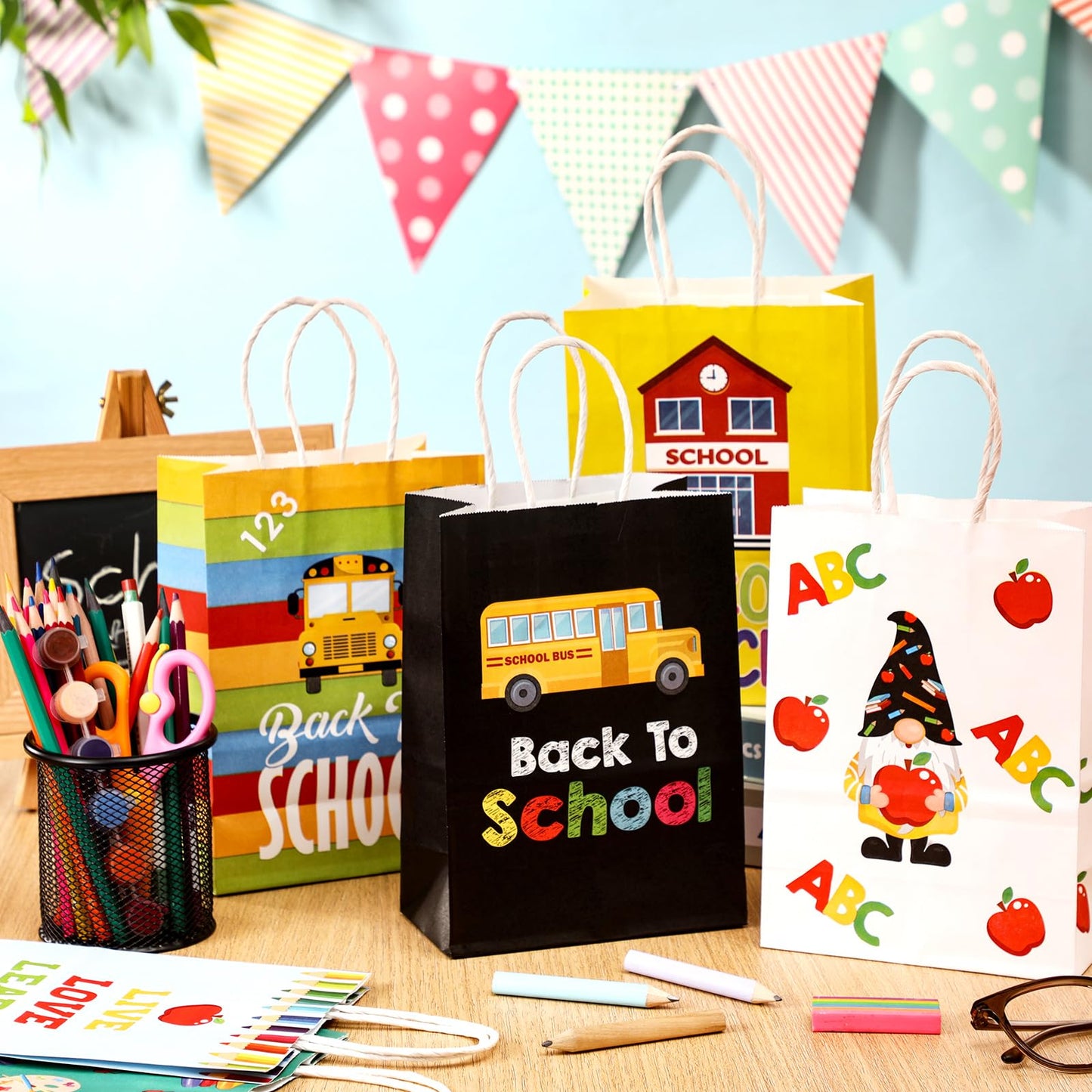Kolldenn 24 Pcs Welcome Back to School Gift Goodie Bags with Handles First Day of School Party Favors Bags Paper Book Pencil Bus Gnome Candy Treat Pouch for Classroom Party Decorations Supplies