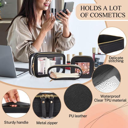4 Pcs Leather Clear Makeup Bags Set for Women Travel Clear Cosmetic Case Toiletry Bags with Zipper Makeup Brush Case Waterproof Organizer Storage for Women Men Travel Accessories, 4 Sizes(Black)