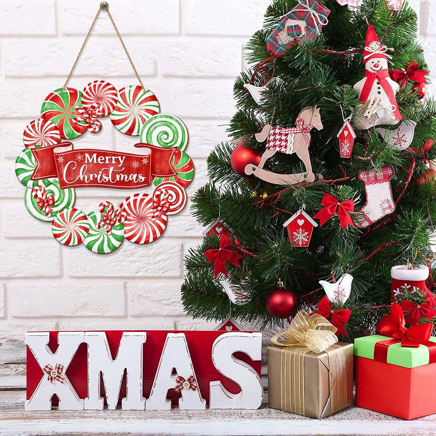 Peppermint Candy Front Door Decor - Merry Christmas Wreath Sign for Xmas Holiday Decorations - Wooden Rustic Door Hanger