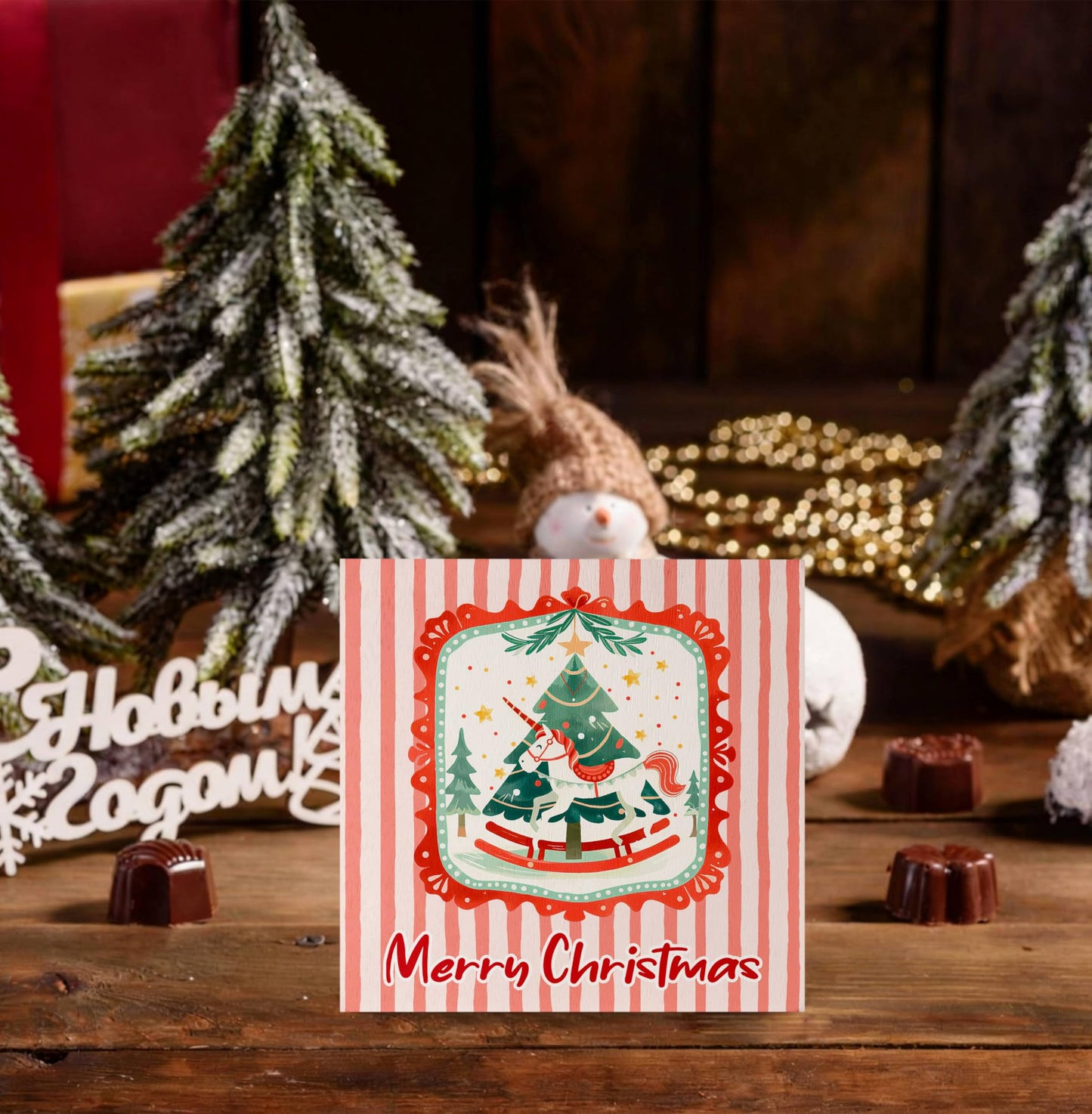 KEUSPI Rustic Pink Merry Christmas Wooden Box Sign, Preppy Christmas Desk Decor, Xmas Tree Mythical Horse Holiday Wood Box Block Sign for Home Office Desk Tabletop Shelf Decoration 5x5 Inch