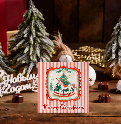KEUSPI Rustic Pink Merry Christmas Wooden Box Sign, Preppy Christmas Desk Decor, Xmas Tree Mythical Horse Holiday Wood Box Block Sign for Home Office Desk Tabletop Shelf Decoration 5x5 Inch