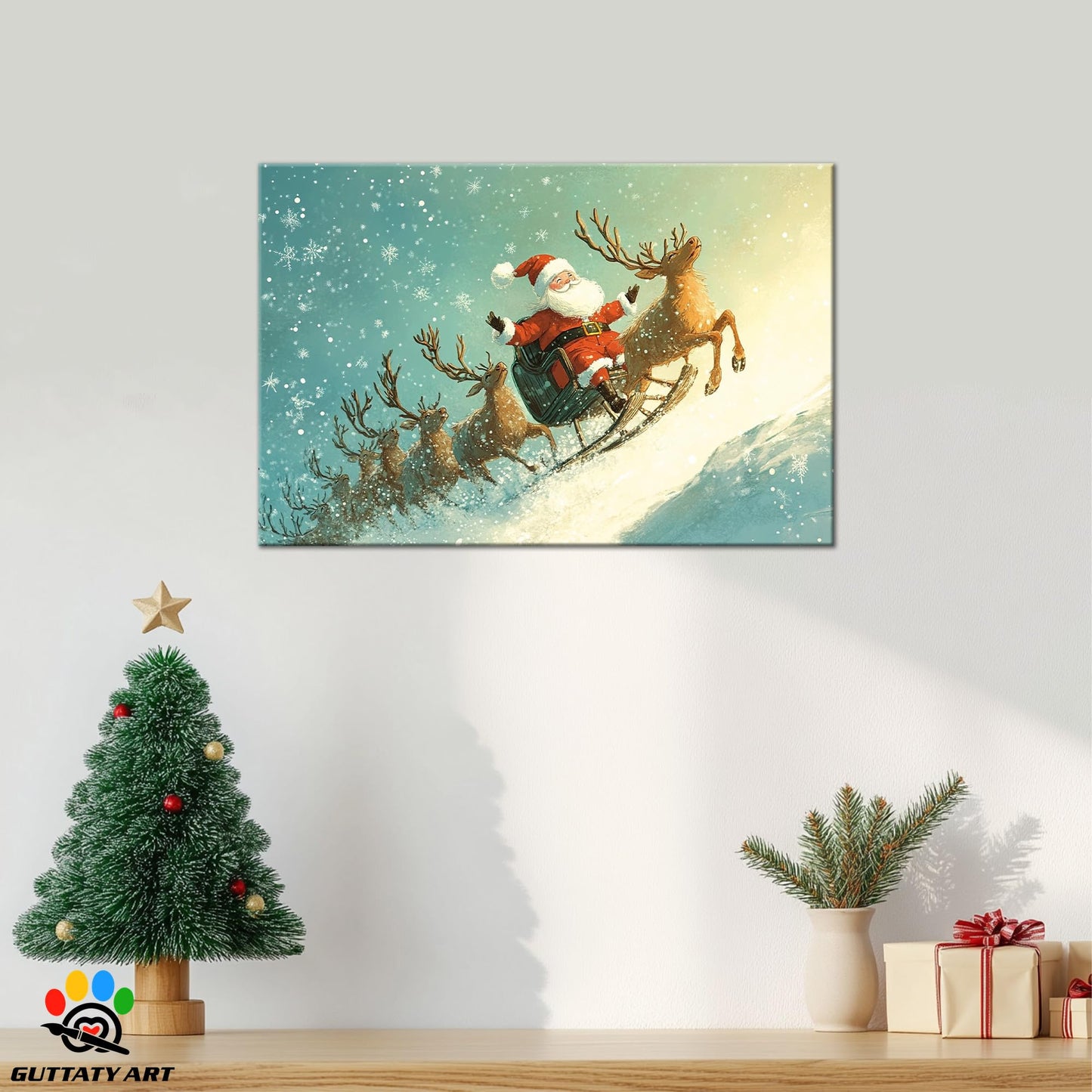 GUTTATY Christmas Canvas Wall Decor, Funny Santa Pictures Wall Art, Reindeer Animal Christmas Wall Painting, Sledges Decoration Christmas Pictures Posters for Living Room, Bedroom 18x24 Inch