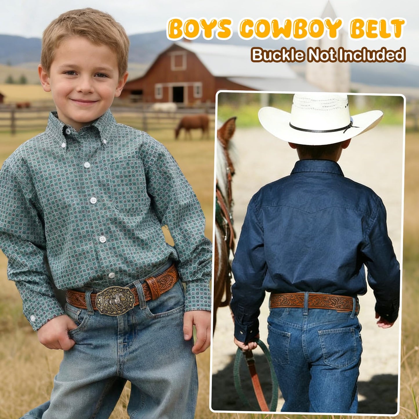 SANSTHS Kids Western Belt without Buckle Genuine Leather Boys Girls Belt Strap Cowgirl Cowboy Belts for Jeans Western Gifts, Embossed Leaf/Brown