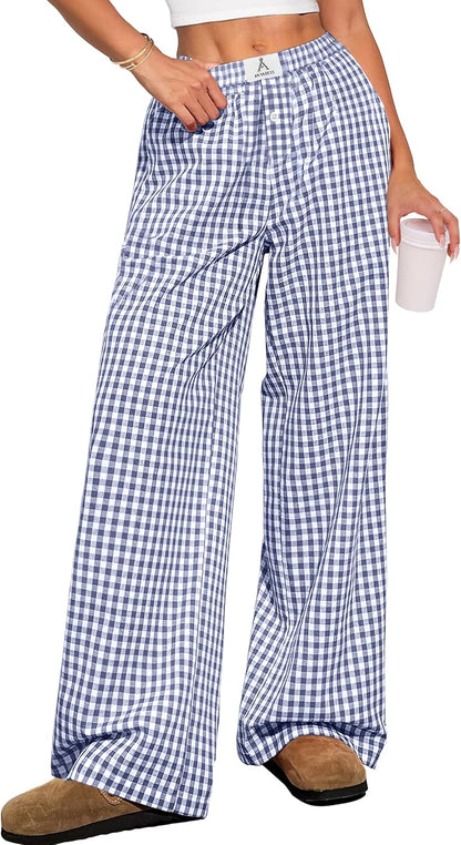 ANRABESS Womens Striped Gingham Pants 2025 Pajama Lounge Boxer Pants Cute Comfy PJ Bottoms with Pockets Y2K Plaid Outfits