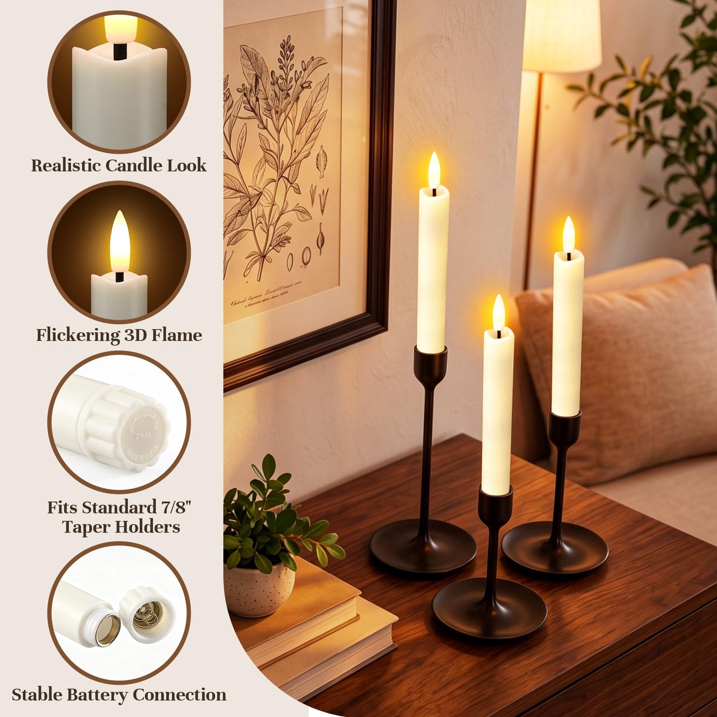 Enhon 6 Pack Flameless Taper Candles with Remote & Batteries, 6.5" Ivory LED Candle Sticks, 3D Flickering Wick, Timer & Dimmable, 624+ Hour Battery Operated Candles for Home, Wedding & Christmas Decor