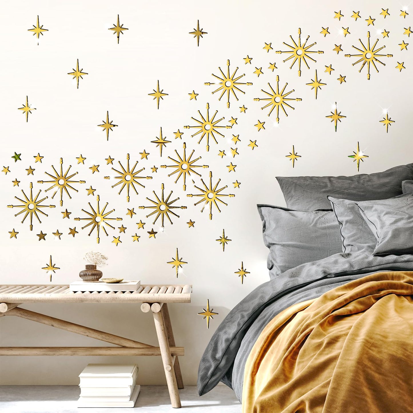 Star Wall Decals Gold Stars Stickers Ceiling Decor Removable Acrylic Mirror Decal Peel and Stick Sparkle Sticker for Wall 3D Midcentury Mirror Art Murals for Bedroom Living Room Nursery Decorations