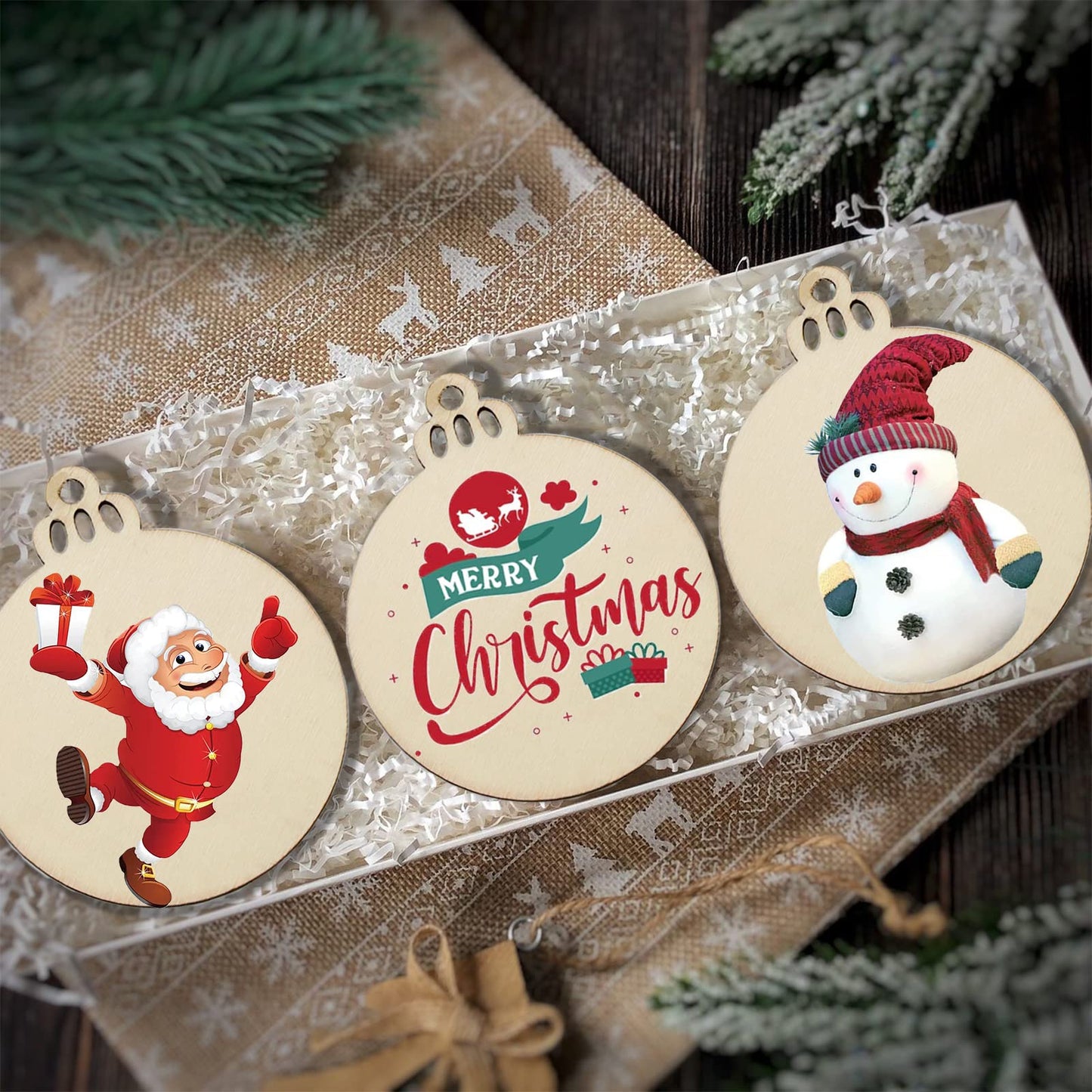 LEBERY 50Pcs Wooden Christmas Ornaments Unfinished Natural Wood Cutouts Ornament Predrilled Wooden Christmas Cutouts for Crafts to Paint DIY Centerpieces Hanging Decorations