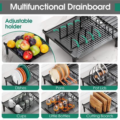 Extendable Dish Drying Rack for Kitchen Counter, Large Expandable Dish Rack with Multifunctional Drainboard for Pan Pot, Collapsible dish drainer, Foldable Plate Strainer for Home Countertop Storage