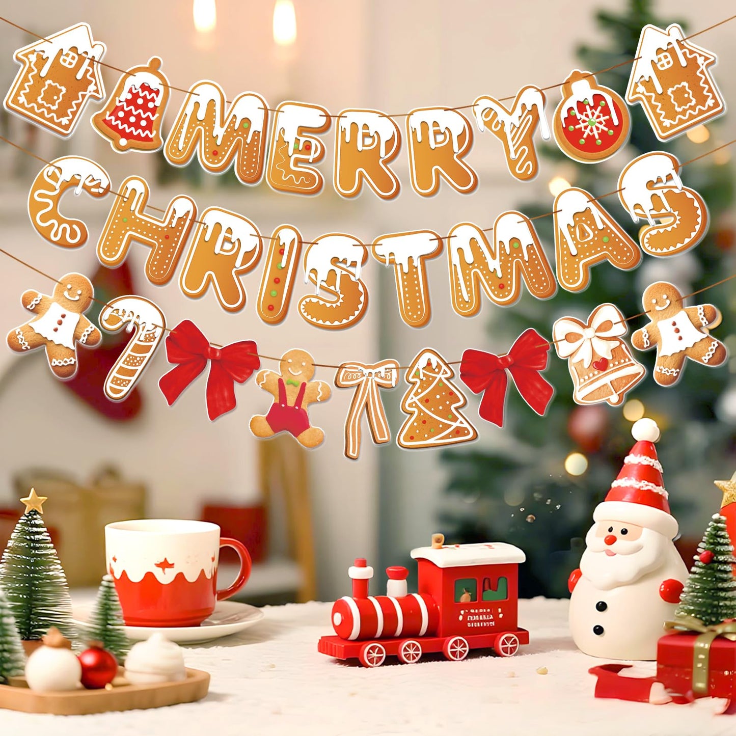 PAPER JAZZ Gingerbread Christmas Decoration Merry Christmas Banner,3 Pcs Gingerbread Christmas Garland,Xmas Backdrop Cute Hanging Decor for Wall, Tree, Door, Yard, Home, Office, Indoor Outdoor.