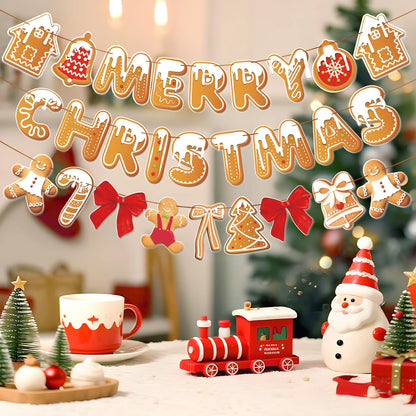 PAPER JAZZ Gingerbread Christmas Decoration Merry Christmas Banner,3 Pcs Gingerbread Christmas Garland,Xmas Backdrop Cute Hanging Decor for Wall, Tree, Door, Yard, Home, Office, Indoor Outdoor.