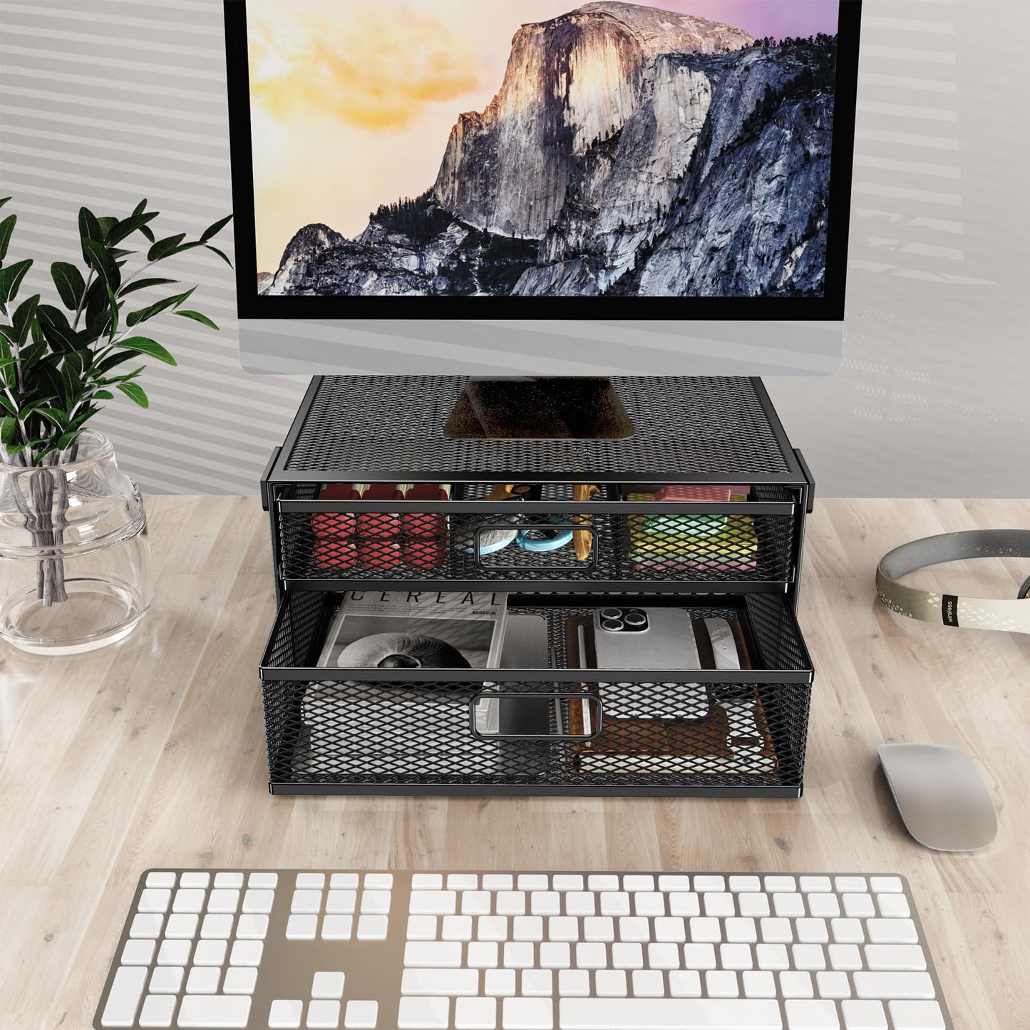 SRJZMLY Under Desk Drawer Organizer No Drill Metal Under Desk Storage Drawer Container 2 Slide Out Cabinet Drawer Suitable for Home And Office (Medium)