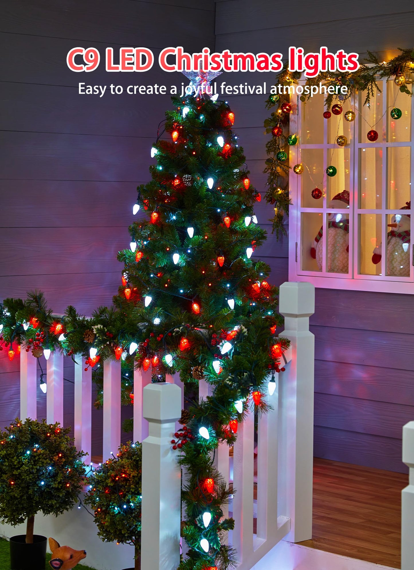 C9 Christmas Lights Outdoor Waterproof, 114 Feet 150 LED C9 String Light with Timer & 8 Light Mode, Connectable Christmas Tree Lights for House Outside Roofline Indoor Decoration, Red & Pure White