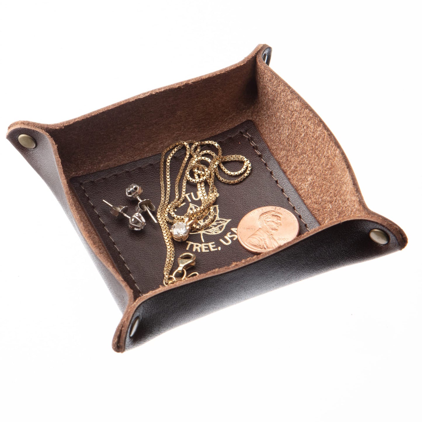 USA Handmade Premium Leather Valet Tray, Jewelry Organizer With Brass Rivets (Dark Walnut Brown, Mini)