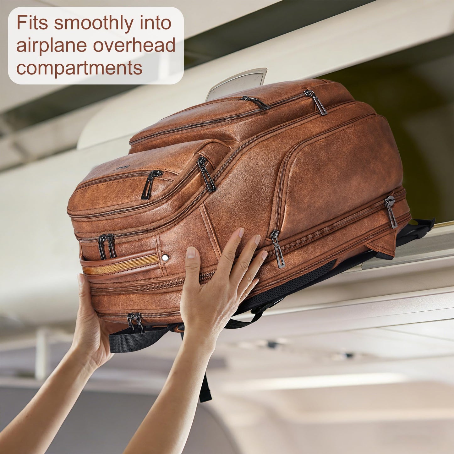 tiamyi Vegan Leather Backpack, 40L Expandable, TSA Travel Backpack for Men and Women, Fits 17.0 Inch Notebook with Luggage Strap and USB Port, Brown