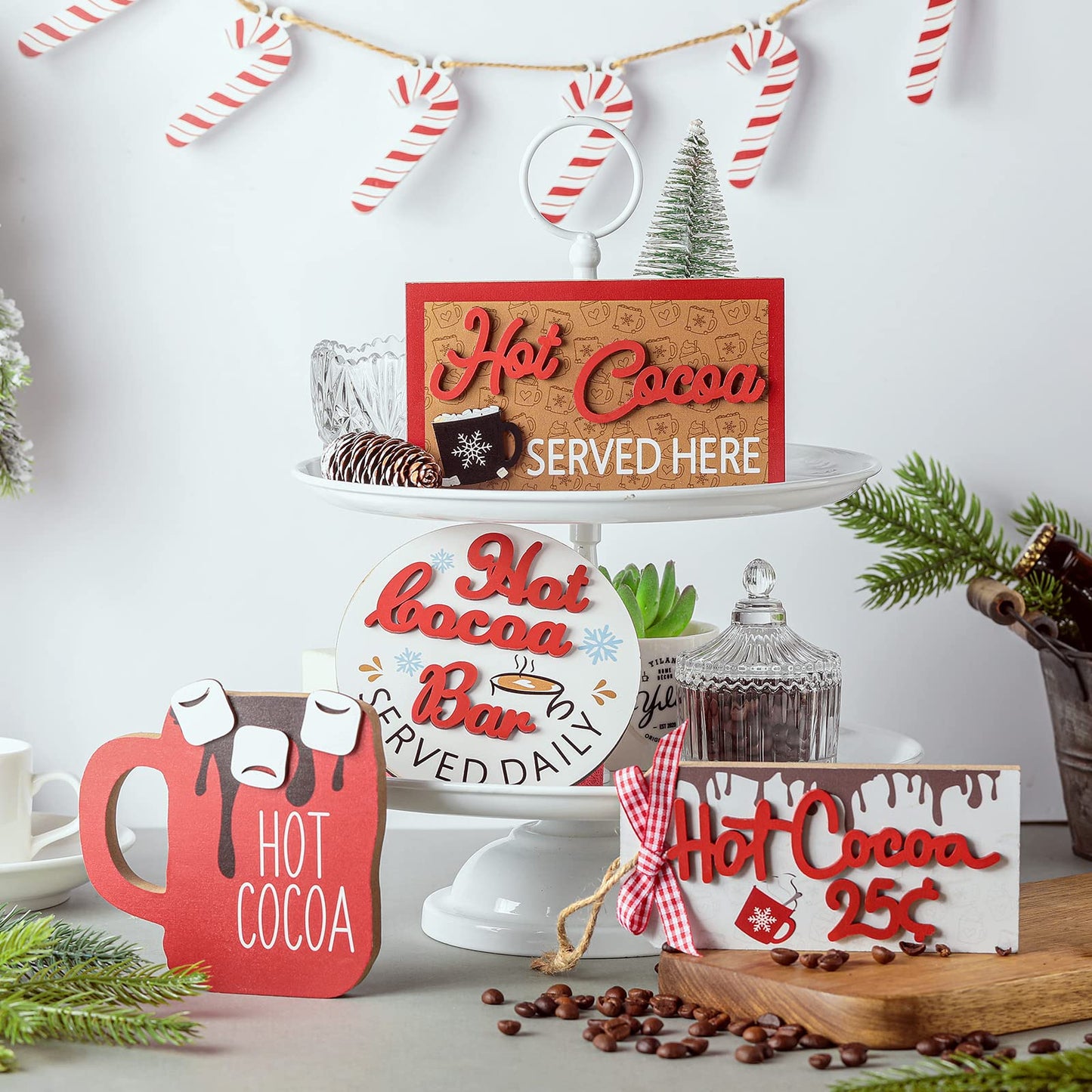 Yalikop 5 Pieces Christmas Hot Cocoa Wooden Signs Tiered Tray Decoration Hot Cocoa Decor Warm Winter Tabletop Wooden Block Sign Christmas Candy Canes Tiered Tray Decorations Holiday Table Centerpieces